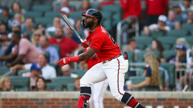 Aug 18, 2023; Atlanta, Georgia, USA; Atlanta Braves center fielder Michael Harris II (23) hits a triple against the San Francisco Giants in the second inning at Truist Park.